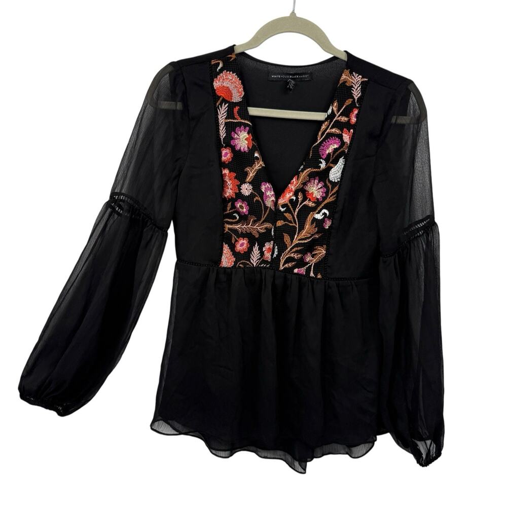 WHBM Embroidered Sheer Blouse XS Black Floral Boho Bell Sleeve Romantic - Picture 2 of 10